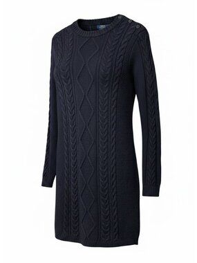 Polo Ralph Lauren Sweater Dress 100% Merino Wool Navy Blue Cable Knit Size M